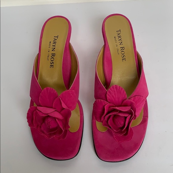 TARYN ROSE Hot Pink Suede Sandals w/ Flower Petals